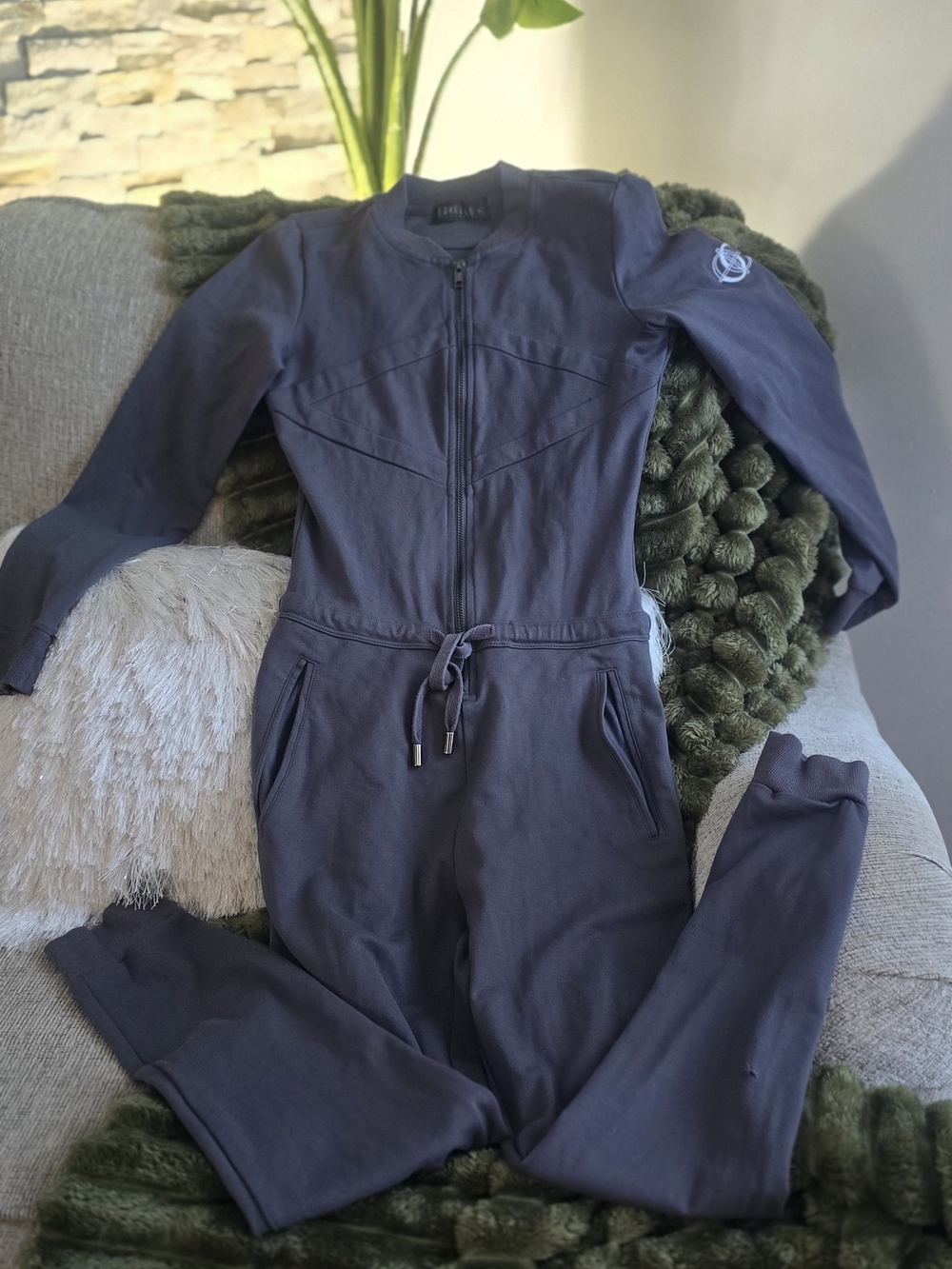 Women's Navy Zip-Front Drawstring Jumpsuit